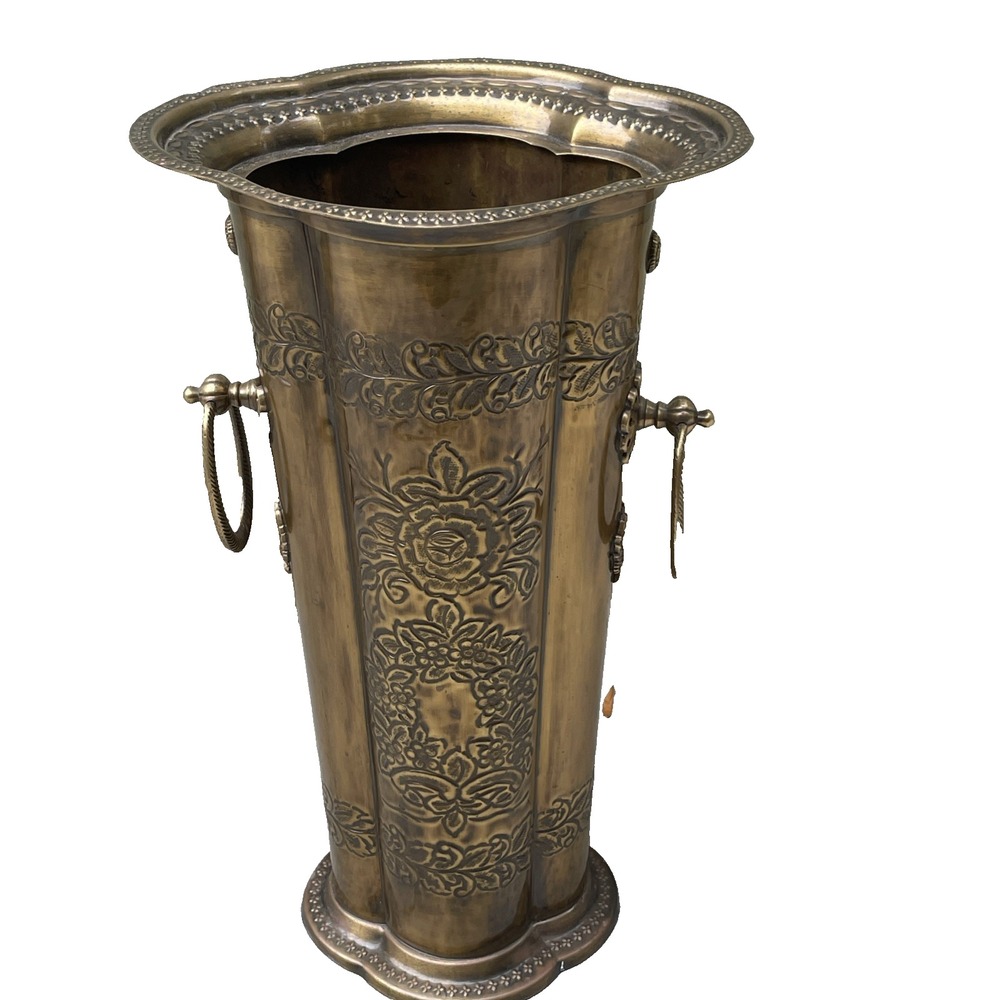 VTG Brass Umbrella Stand Lion Head Handles Bow Swag Entryway Decor 20''x12''x10'